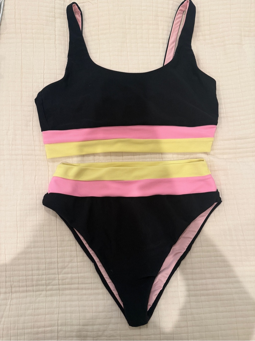 Beach Riot Black Bikini Set with Pink and Yellow Bands